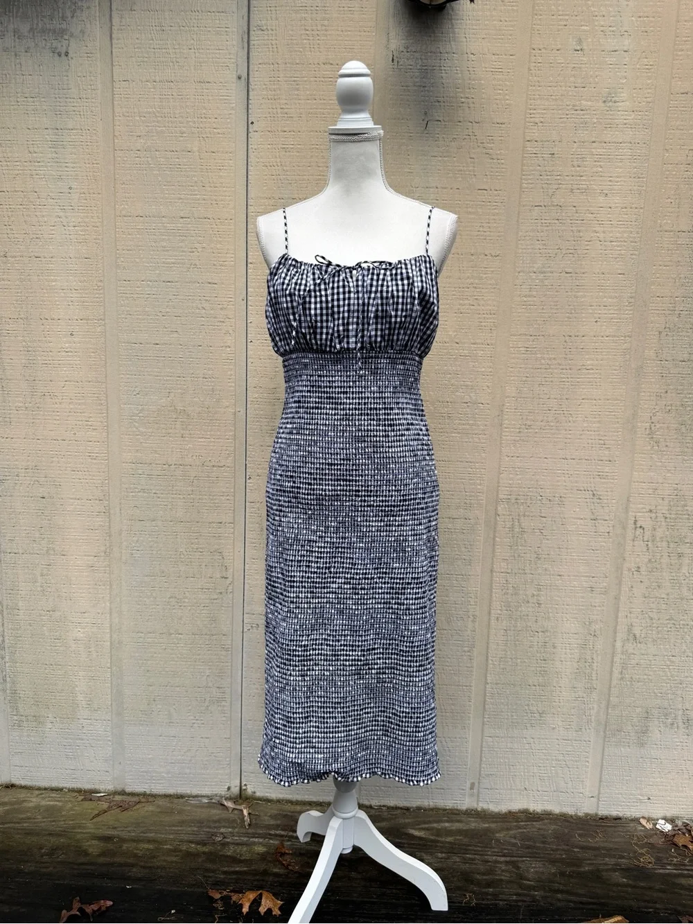 J. Crew Black and White Gingham Smocked Midi Dress
